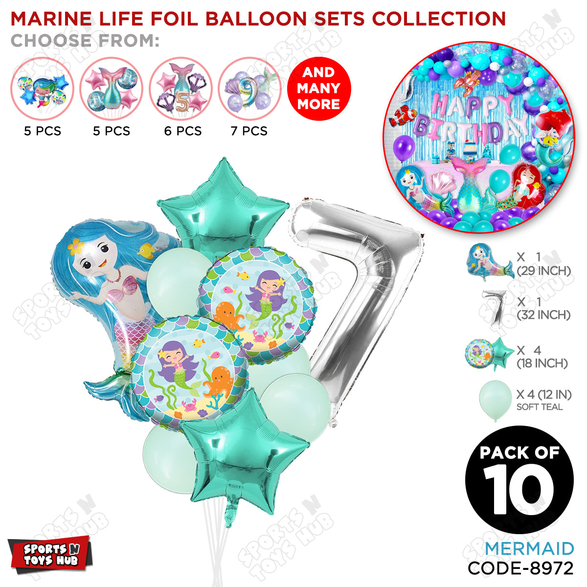 Mer-maid Foil Balloon Pack Of 10 Set With 32 Inch Foil Number Balloons