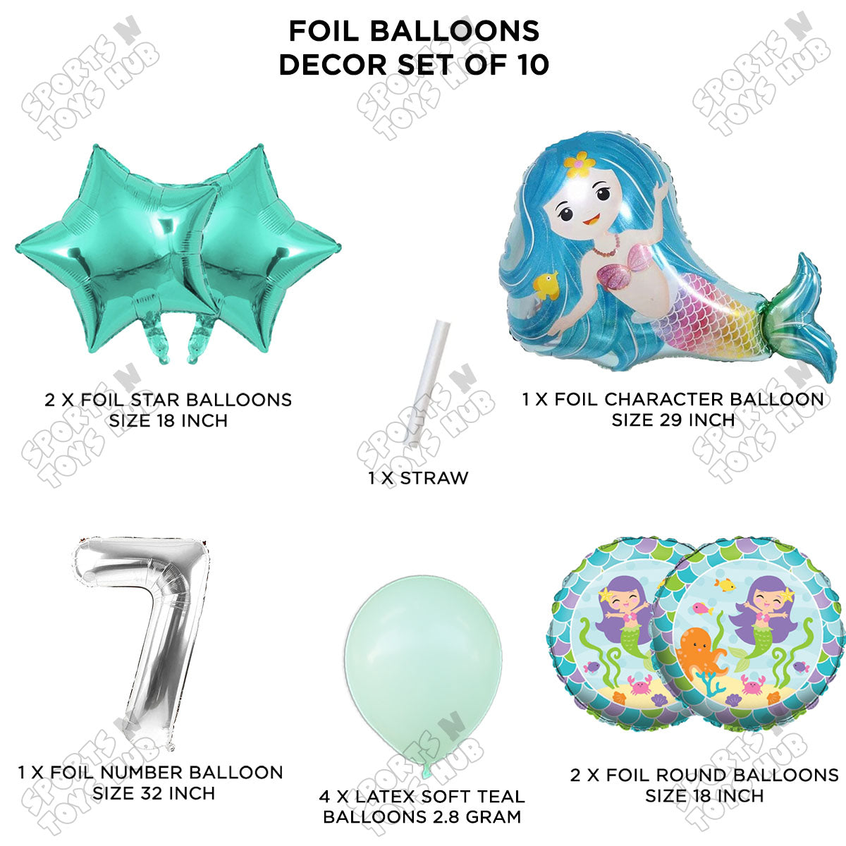 Mer-maid Foil Balloon Pack Of 10 Set With 32 Inch Foil Number Balloons
