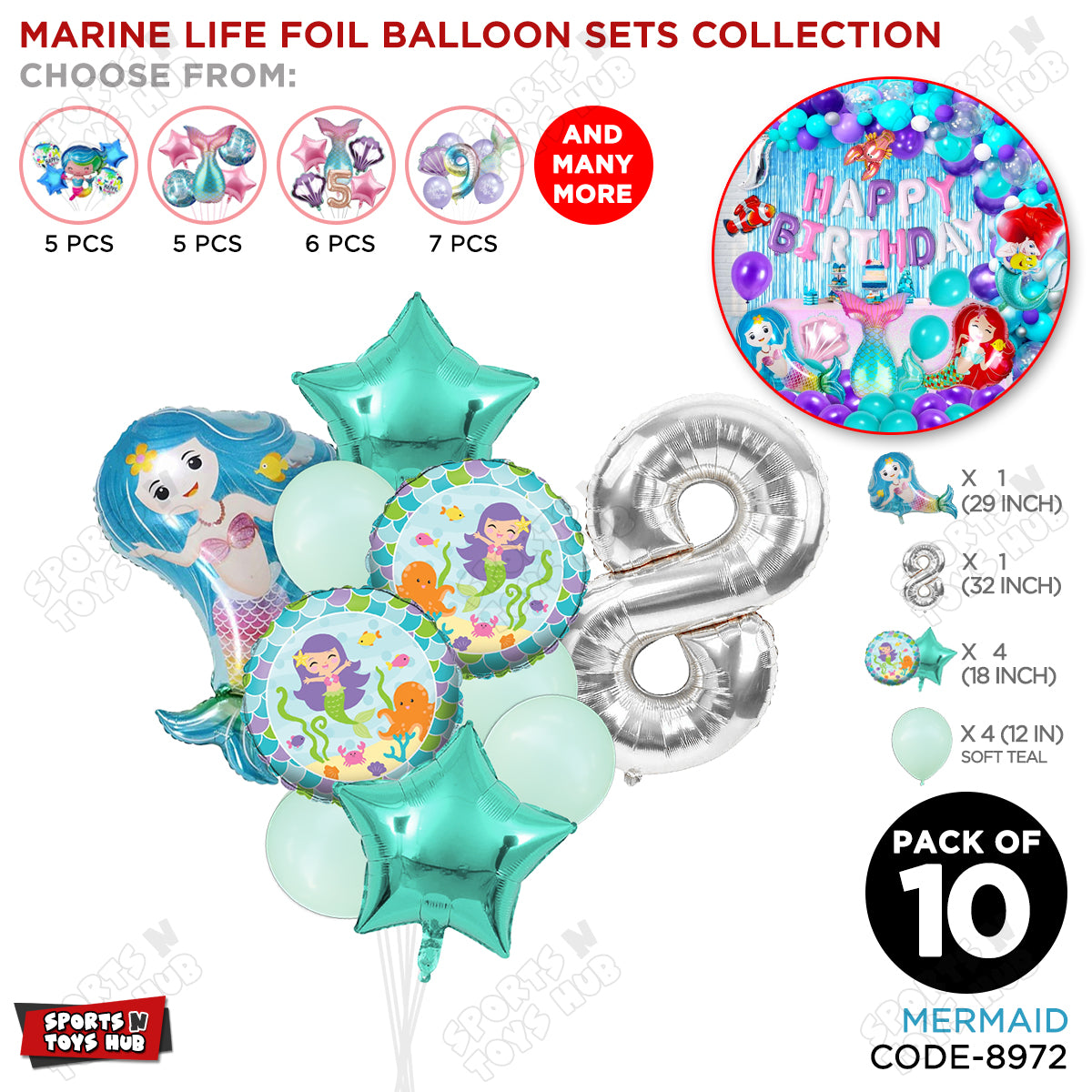 Mer-maid Foil Balloon Pack Of 10 Set With 32 Inch Foil Number Balloons
