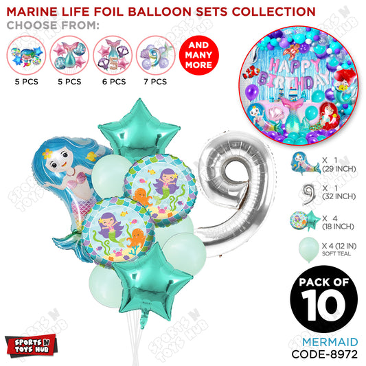 Mer-maid Foil Balloon Pack Of 10 Set With 32 Inch Foil Number Balloons
