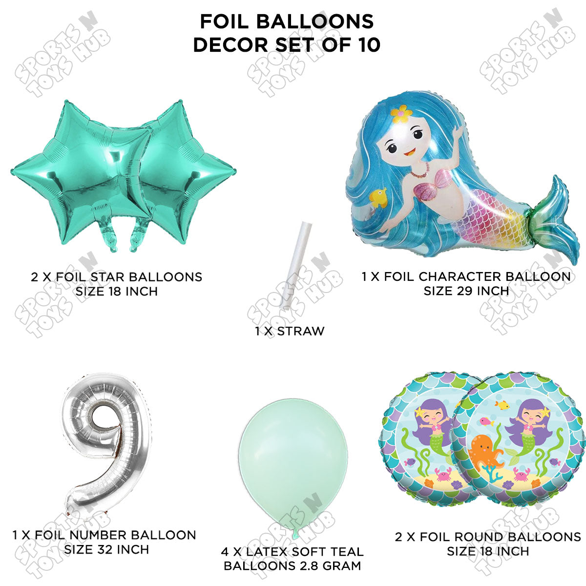 Mer-maid Foil Balloon Pack Of 10 Set With 32 Inch Foil Number Balloons