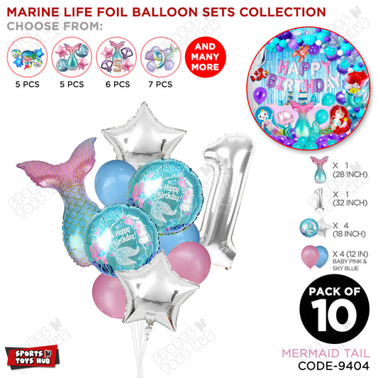 Mer-maid Tail Foil Balloon Pack Of 10 Set With 32 Inch Foil Number Balloons