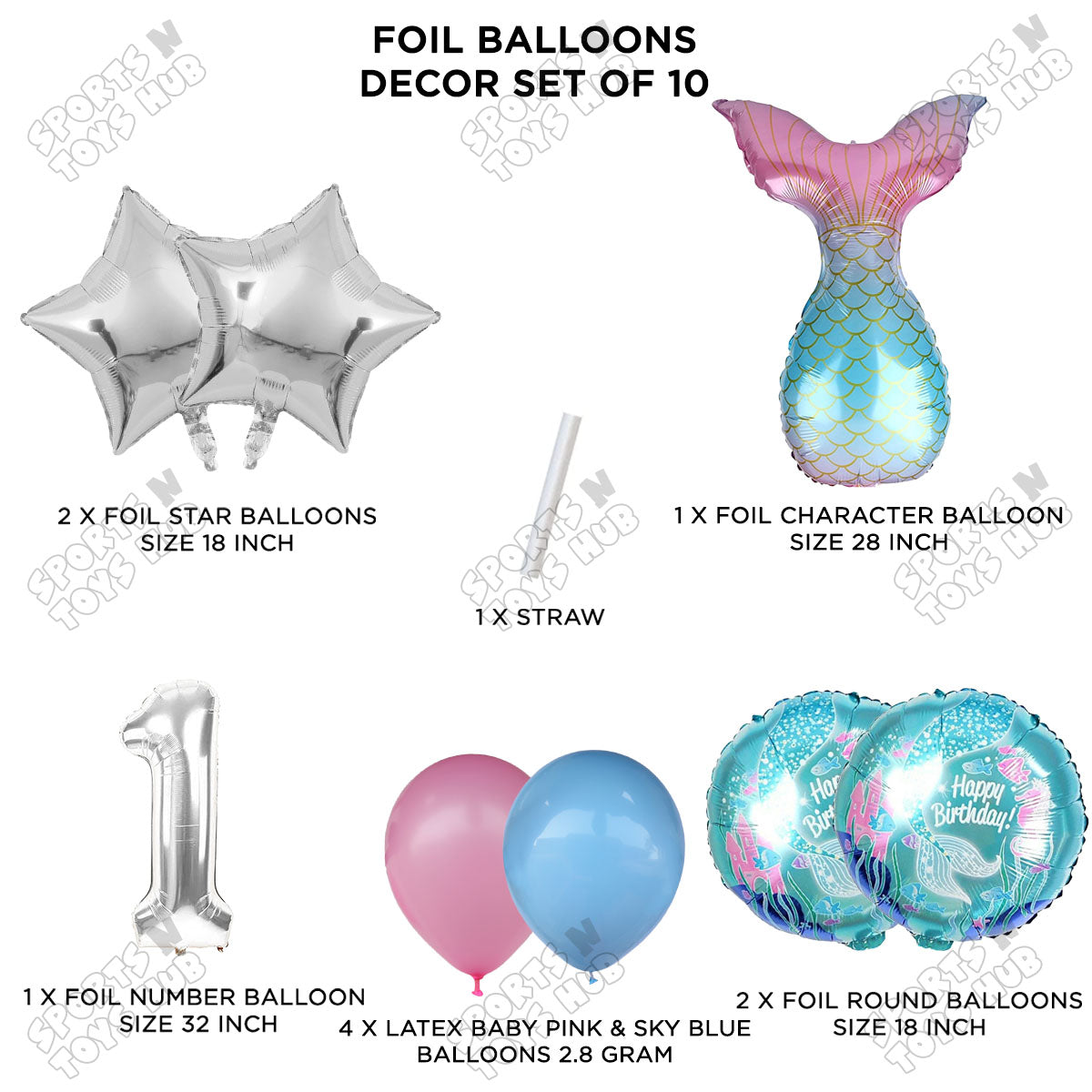 Mer-maid Tail Foil Balloon Pack Of 10 Set With 32 Inch Foil Number Balloons