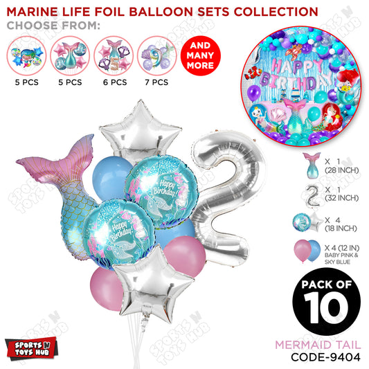 Mer-maid Tail Foil Balloon Pack Of 10 Set With 32 Inch Foil Number Balloons