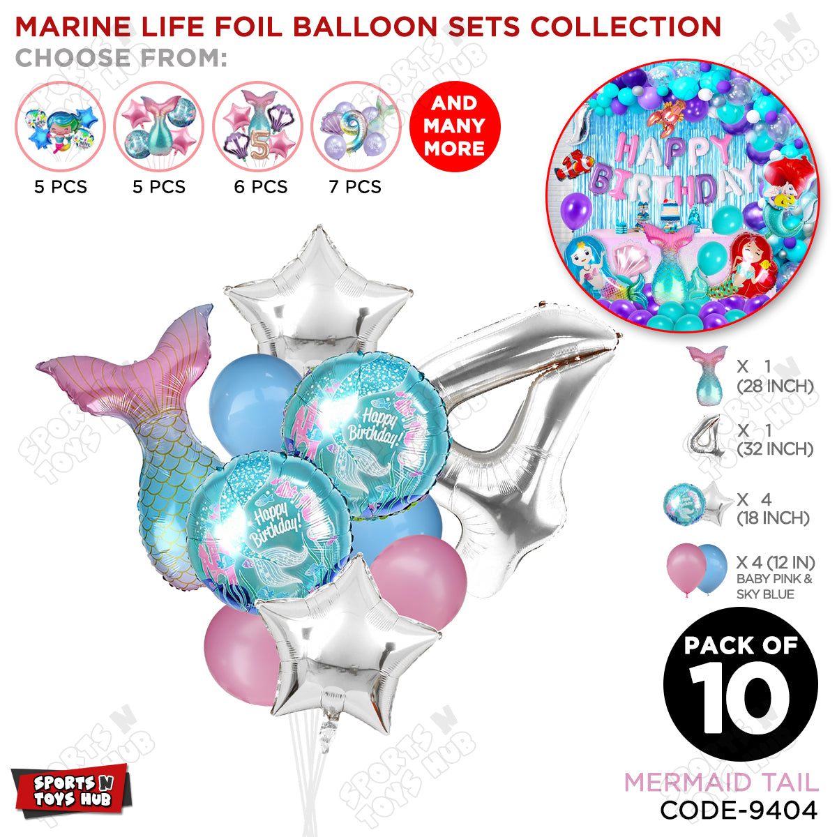 Mer-maid Tail Foil Balloon Pack Of 10 Set With 32 Inch Foil Number Balloons