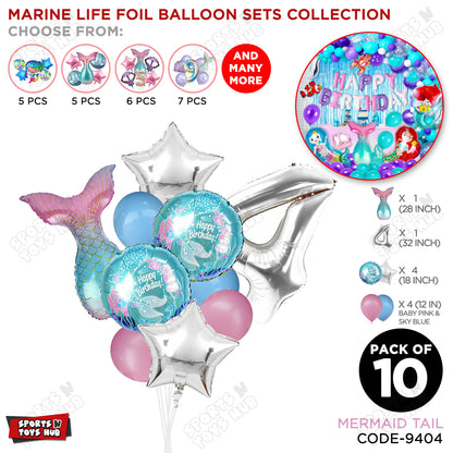 Mer-maid Tail Foil Balloon Pack Of 10 Set With 32 Inch Foil Number Balloons