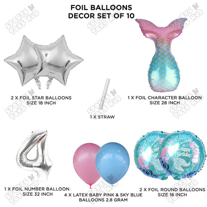 Mer-maid Tail Foil Balloon Pack Of 10 Set With 32 Inch Foil Number Balloons