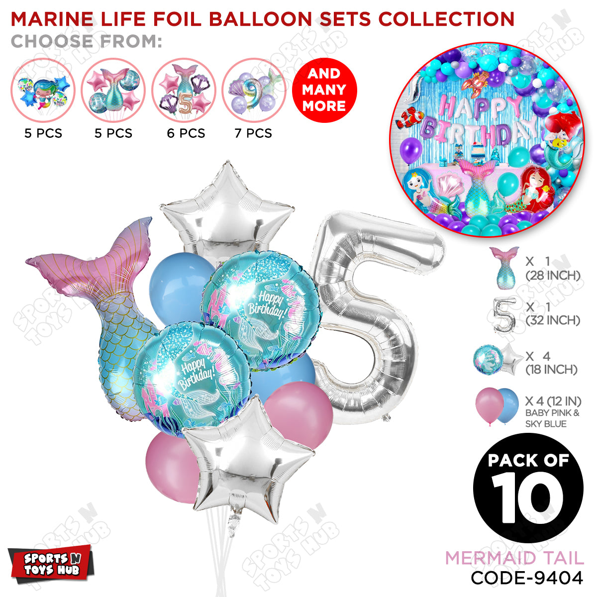 Mer-maid Tail Foil Balloon Pack Of 10 Set With 32 Inch Foil Number Balloons