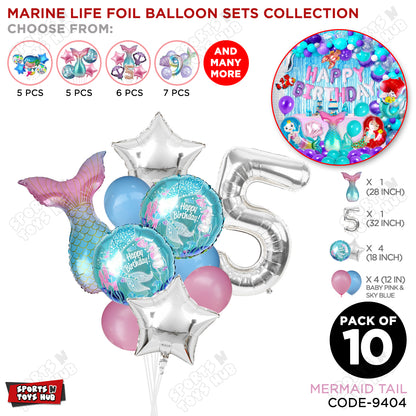 Mer-maid Tail Foil Balloon Pack Of 10 Set With 32 Inch Foil Number Balloons