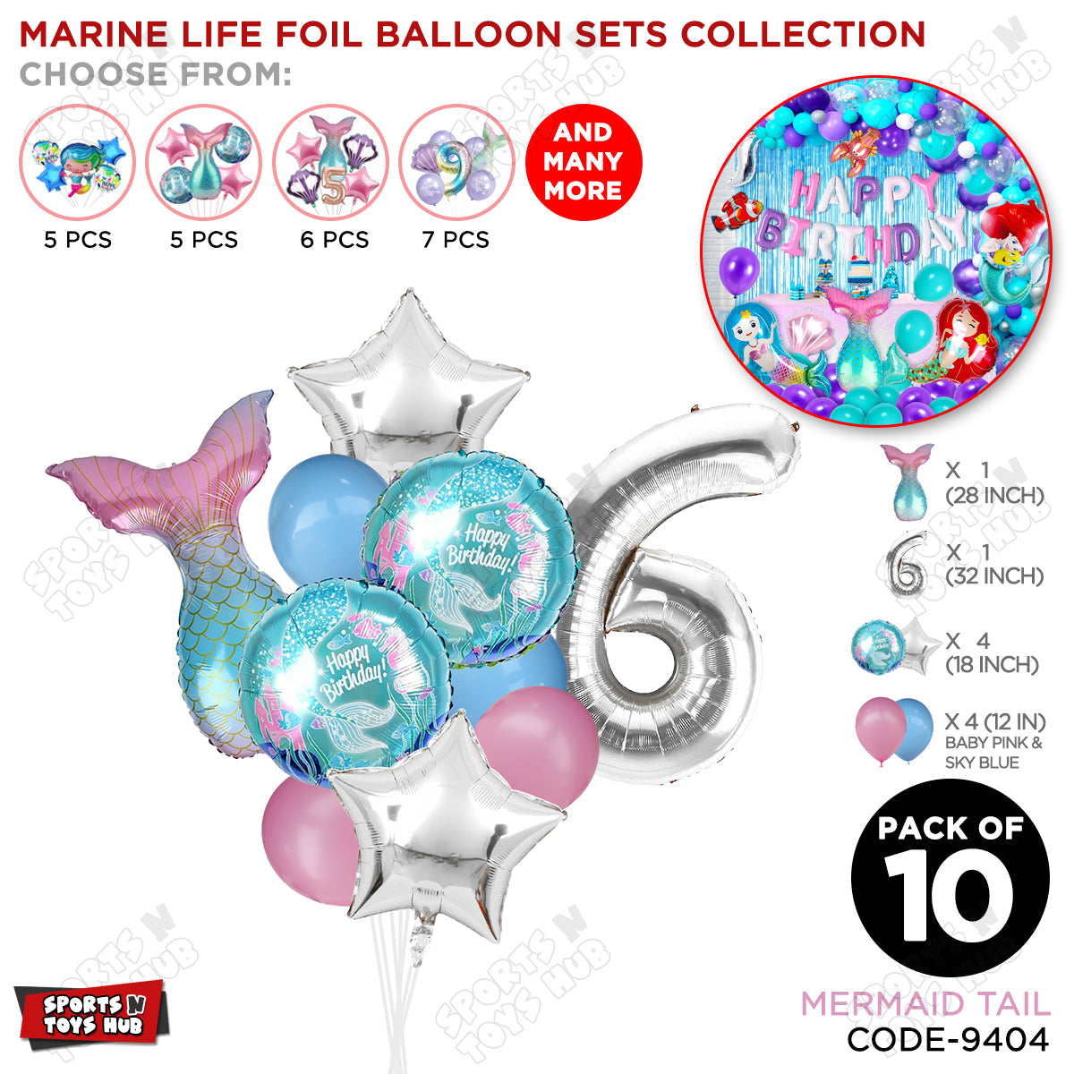 Mer-maid Tail Foil Balloon Pack Of 10 Set With 32 Inch Foil Number Balloons