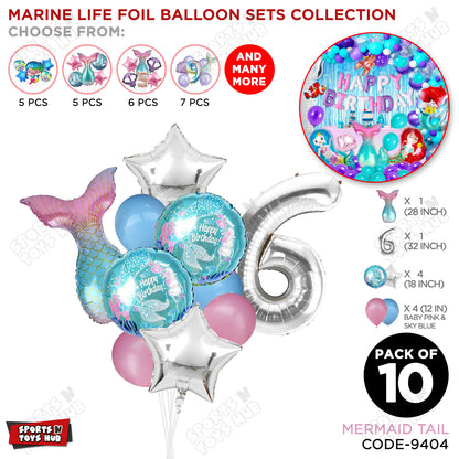 Mer-maid Tail Foil Balloon Pack Of 10 Set With 32 Inch Foil Number Balloons