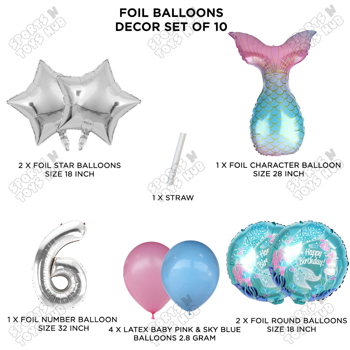 Mer-maid Tail Foil Balloon Pack Of 10 Set With 32 Inch Foil Number Balloons