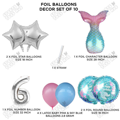 Mer-maid Tail Foil Balloon Pack Of 10 Set With 32 Inch Foil Number Balloons