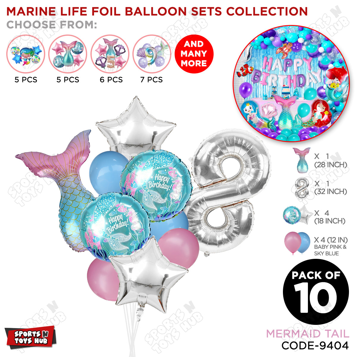 Mer-maid Tail Foil Balloon Pack Of 10 Set With 32 Inch Foil Number Balloons