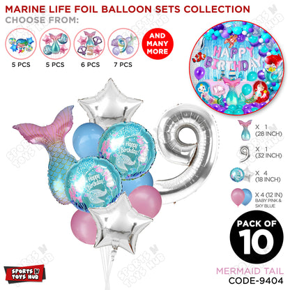 Mer-maid Tail Foil Balloon Pack Of 10 Set With 32 Inch Foil Number Balloons