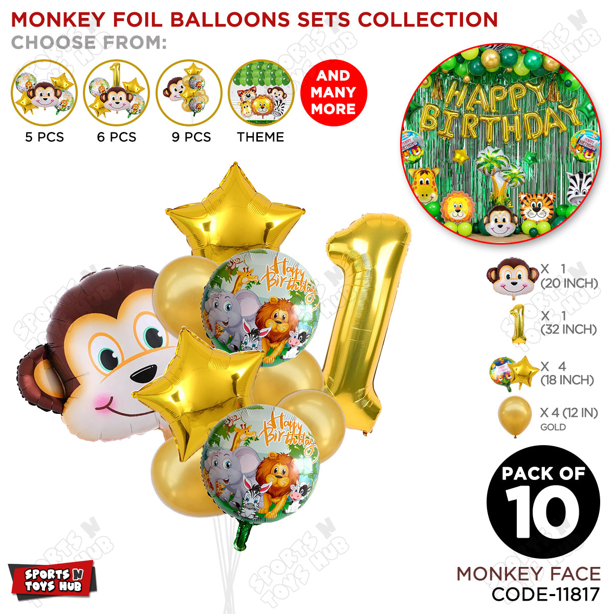 Jungle Safari Monkey Face Pack Of 10 Foil Balloon Set