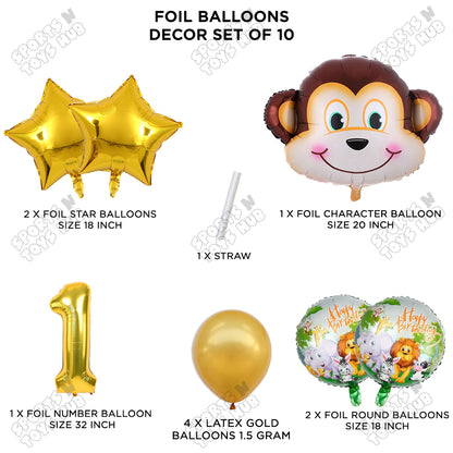 Jungle Safari Monkey Face Pack Of 10 Foil Balloon Set