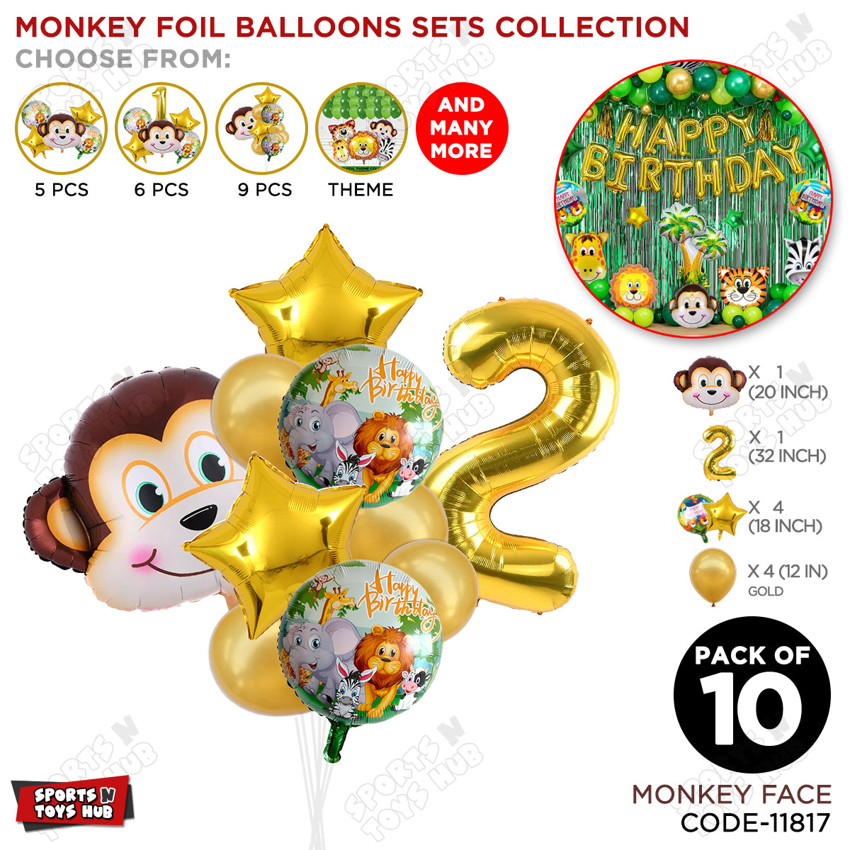 Jungle Safari Monkey Face Pack Of 10 Foil Balloon Set