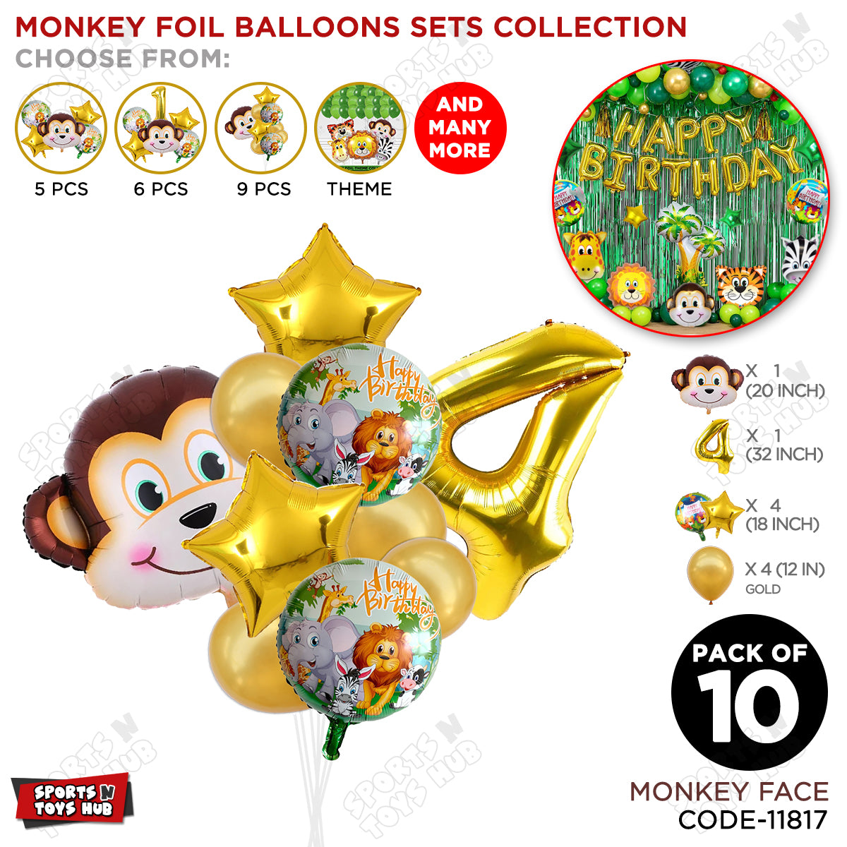 Jungle Safari Monkey Face Pack Of 10 Foil Balloon Set