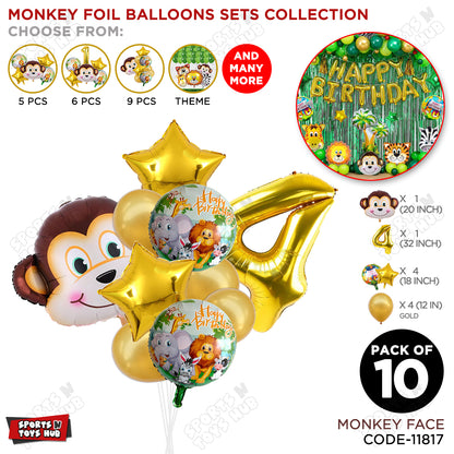 Jungle Safari Monkey Face Pack Of 10 Foil Balloon Set