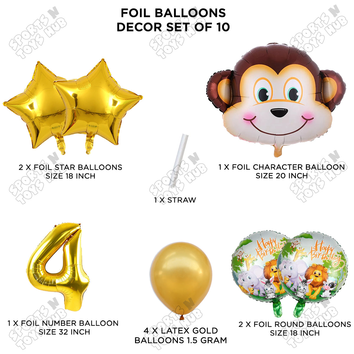 Jungle Safari Monkey Face Pack Of 10 Foil Balloon Set