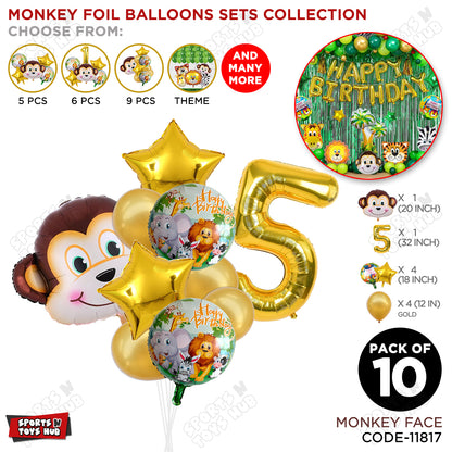 Jungle Safari Monkey Face Pack Of 10 Foil Balloon Set
