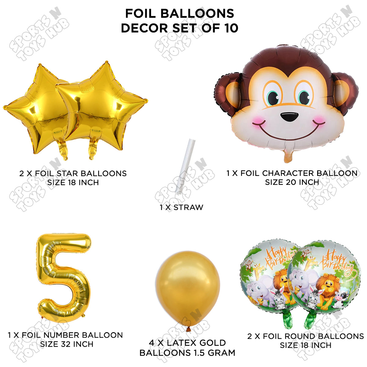 Jungle Safari Monkey Face Pack Of 10 Foil Balloon Set