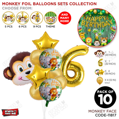 Jungle Safari Monkey Face Pack Of 10 Foil Balloon Set