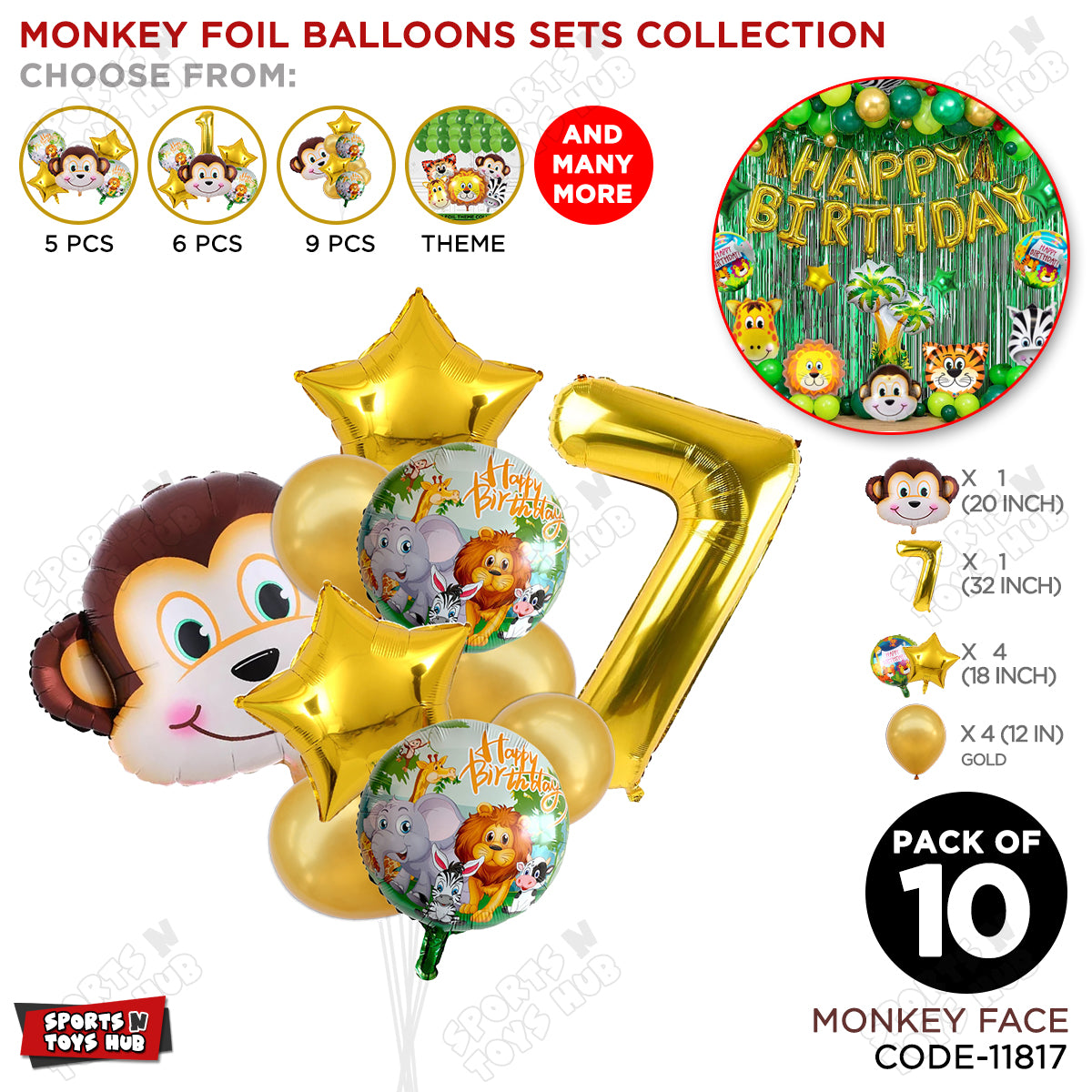 Jungle Safari Monkey Face Pack Of 10 Foil Balloon Set