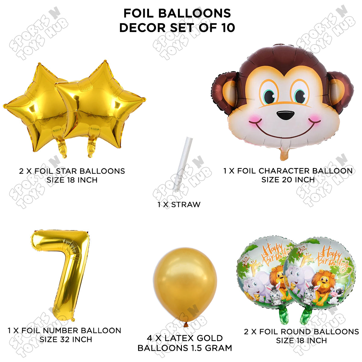 Jungle Safari Monkey Face Pack Of 10 Foil Balloon Set