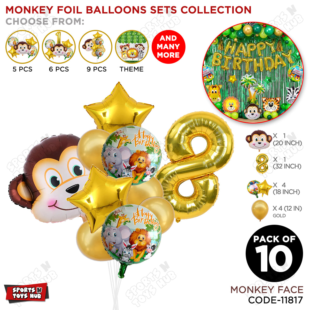 Jungle Safari Monkey Face Pack Of 10 Foil Balloon Set