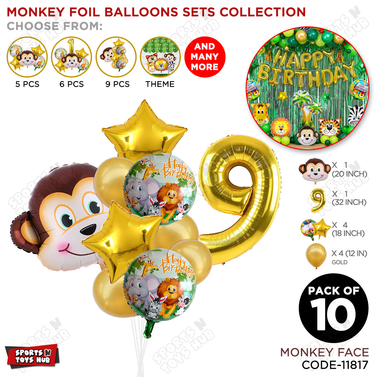 Jungle Safari Monkey Face Pack Of 10 Foil Balloon Set