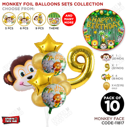 Jungle Safari Monkey Face Pack Of 10 Foil Balloon Set