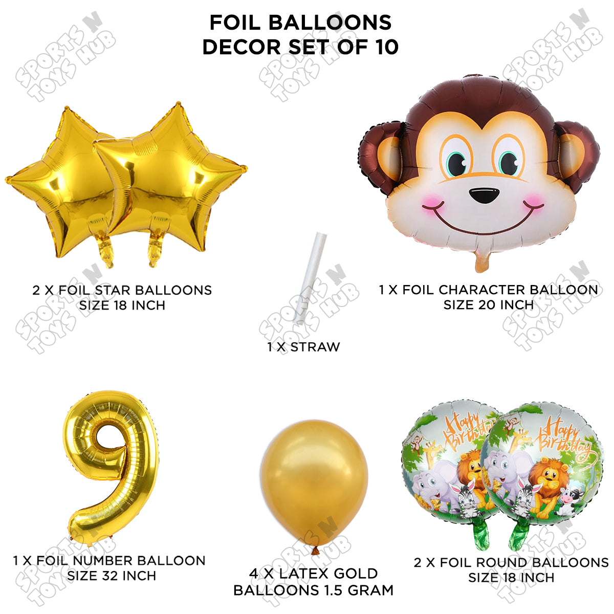 Jungle Safari Monkey Face Pack Of 10 Foil Balloon Set