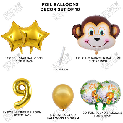 Jungle Safari Monkey Face Pack Of 10 Foil Balloon Set