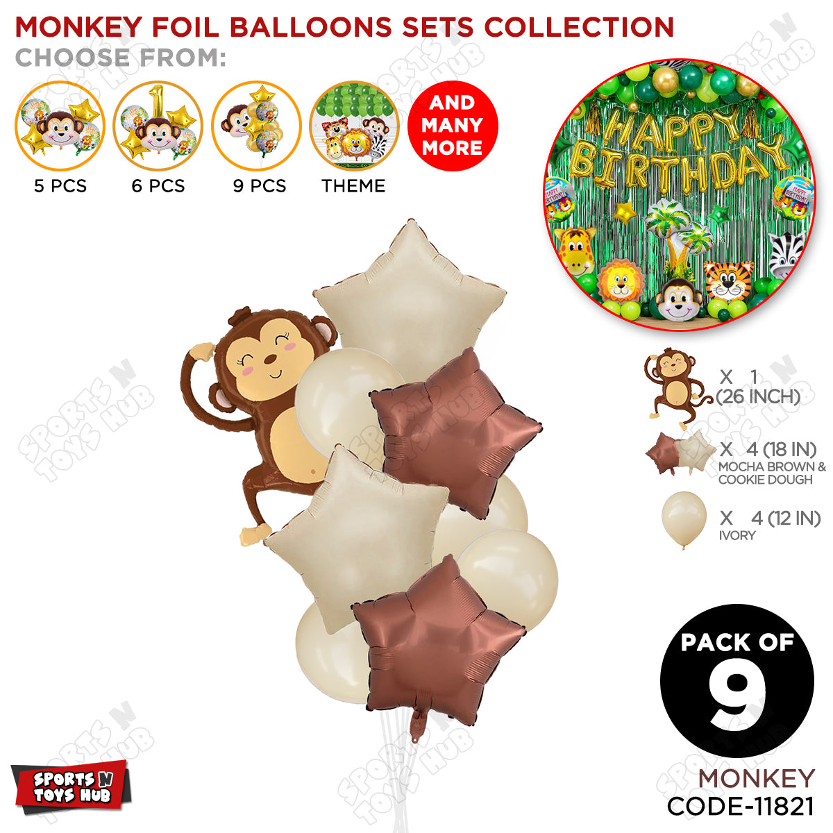 Jungle Safari Monkey Pack Of 9 Foil Balloon Set