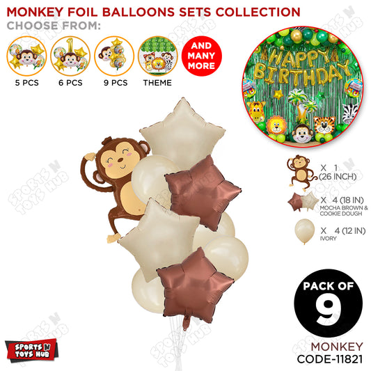 Jungle Safari Monkey Pack Of 9 Foil Balloon Set