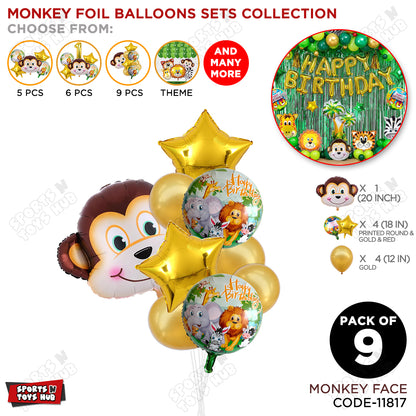 Jungle Safari Monkey Face Pack Of 9 Foil Balloon Set