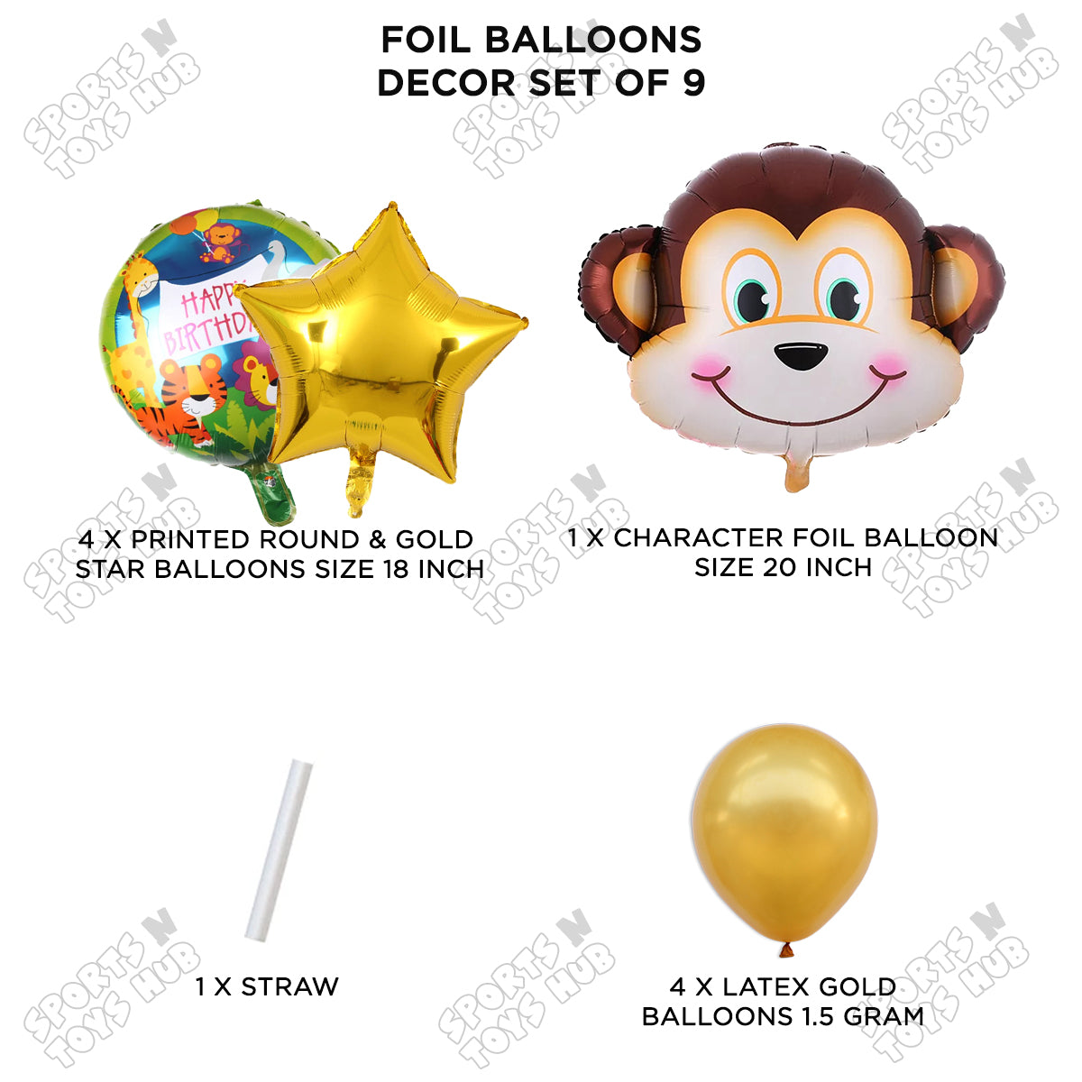 Jungle Safari Monkey Face Pack Of 9 Foil Balloon Set
