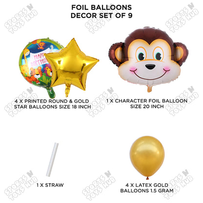 Jungle Safari Monkey Face Pack Of 9 Foil Balloon Set