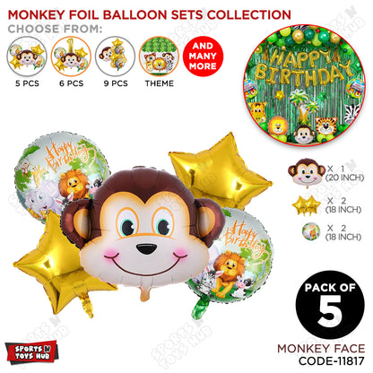 Jungle Safari Monkey Face Pack Of 5 Foil Balloon Set