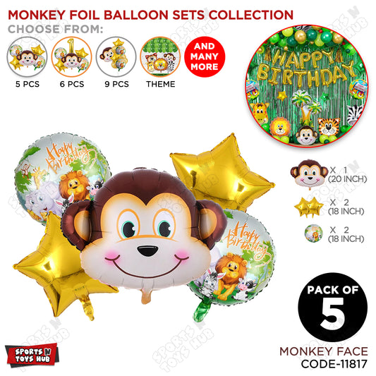 Jungle Safari Monkey Face Pack Of 5 Foil Balloon Set