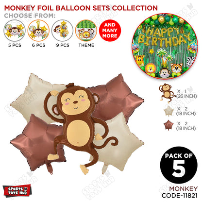 Jungle Safari Cute Monkey Pack Of 5 Foil Balloon Set