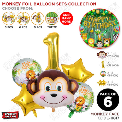 Jungle Safari Monkey Face Pack Of 6 Foil Balloon Set