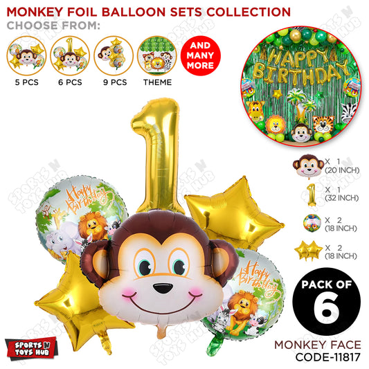 Jungle Safari Monkey Face Pack Of 6 Foil Balloon Set