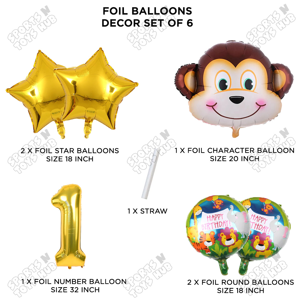 Jungle Safari Monkey Face Pack Of 6 Foil Balloon Set