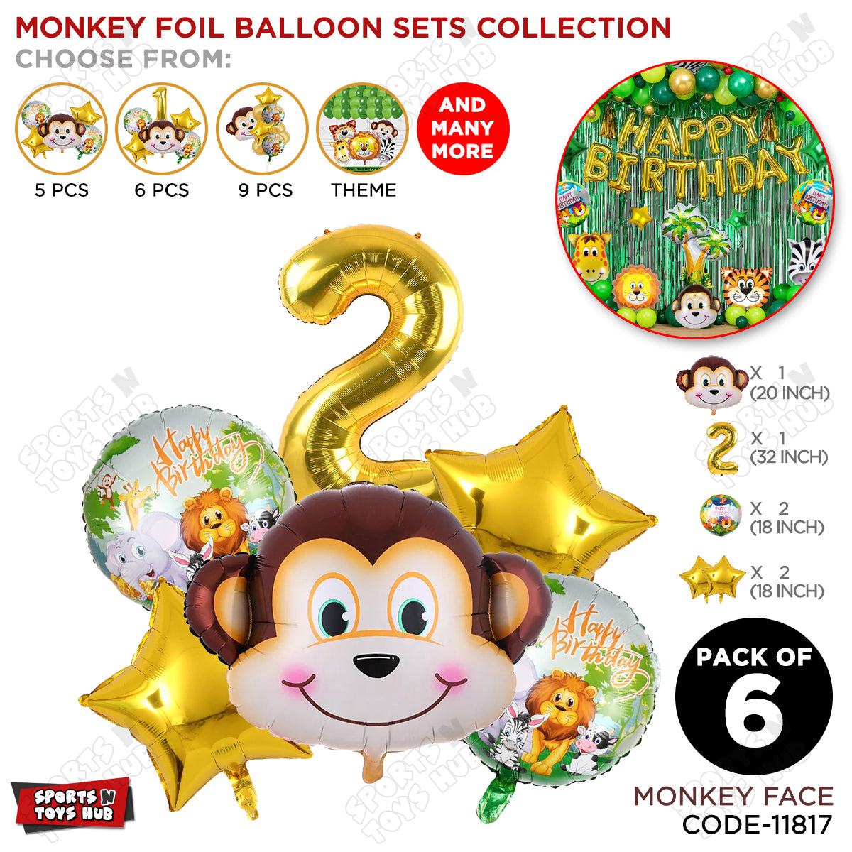 Jungle Safari Monkey Face Pack Of 6 Foil Balloon Set