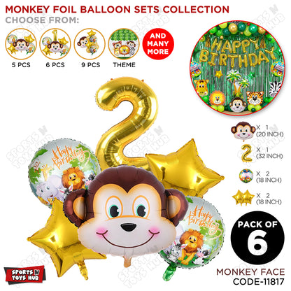 Jungle Safari Monkey Face Pack Of 6 Foil Balloon Set