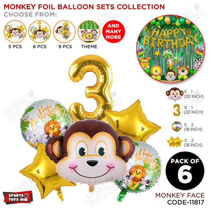 Jungle Safari Monkey Face Pack Of 6 Foil Balloon Set