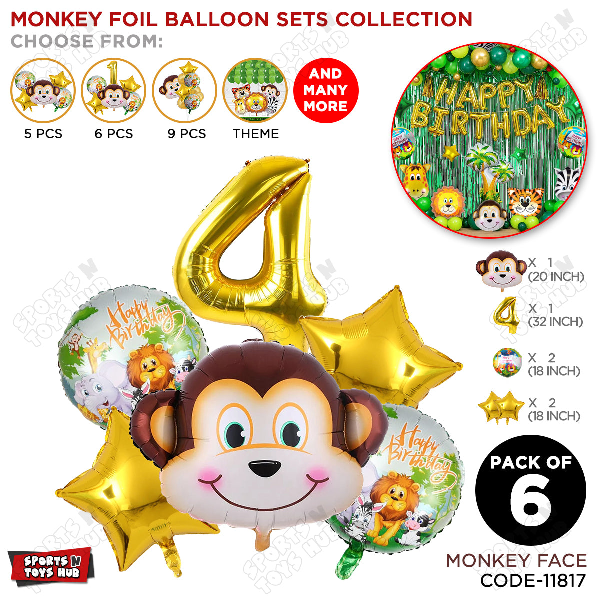 Jungle Safari Monkey Face Pack Of 6 Foil Balloon Set